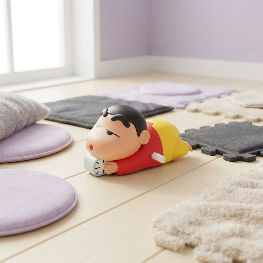 A colorful Shin-chan wind-up toy on a cream-colored surface surrounded by lavender and charcoal-toned play textures.