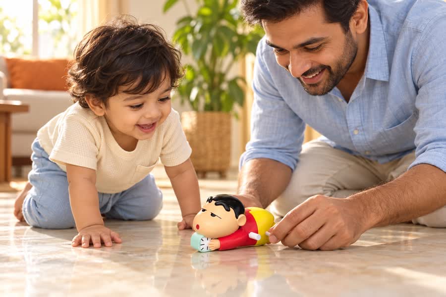Illustrative scene of Dad winding the toy while his toddler watches at floor level