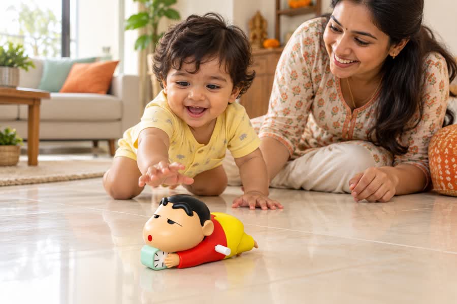 Illustrative scene of an Indian toddler reaching for the Shinchan toy with Mum supervising